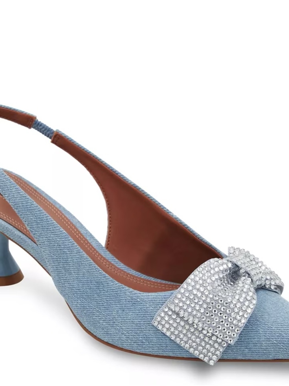 BCBGMaxAzria Light Blue Denim Slingback Heels with Crystal Bow